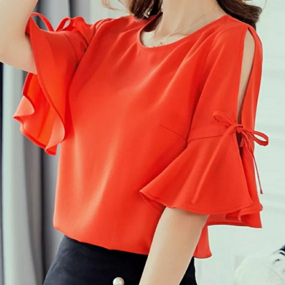 RED BLOUSE WITH BELL TIE SLEEVES - Picture 3 of 7